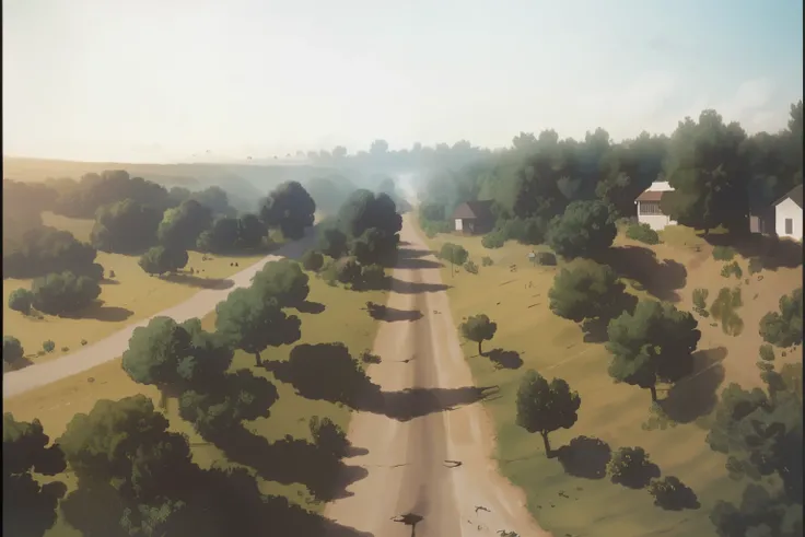 nice image, details, generate from original image, high quality, beautiful mid afternoon time, nice sky, nice clouds, nice trees, nice road, cows, nice view, nice perspective, nice composition, nice picture, grass, bushes, small road, summer season, fog
