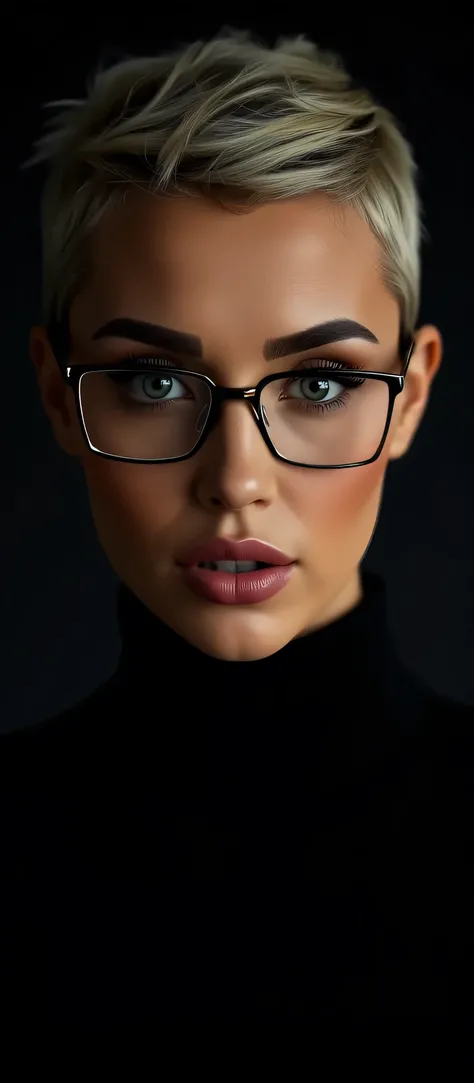 Adult girl, hair bleached, short hal hairstyle, small glasses in a thin rectangular metal frame, fascinating look into the camera, thick black background