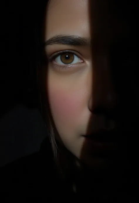 ( masterpiece:1.4, super best quality :1.2), 1 girl, Alone, pen_shadow, close up of the face, Scared, surprised, from above, Look at the viewer, pen_shadow on face, against the light