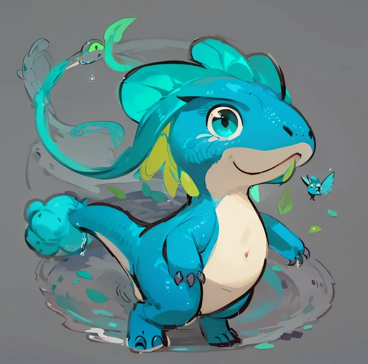 A cute Q version of the water dragon,Dangling,has leaf wings,Turquoise crown,has two lovely teardrop-like tentacles on its head,two front claws raised,The tail has a tail made up of small water balls
