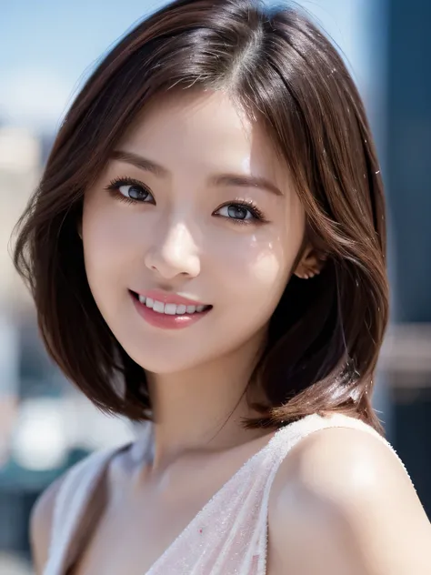 highest quality, waist shot, masterpiece, dark eyebrows, ultra high resolution, realistic, very detailed, professional lighting smile, eagle nose, semi-short wave hair, transparent color silk dress, random body orientation, background for urban city street...