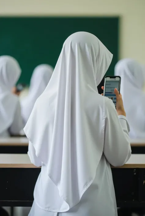 banner photo,Back angle,Malaysian schoolgirls,Wear an Islamic headscarf,The clothes are all white,Operate your phone with your head down,, no face,reality,The focus is on the phone,Classroom,blurry background