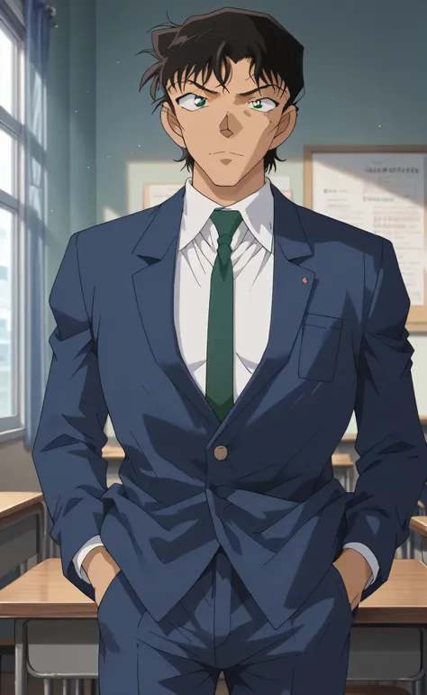 1male,solo,,Akai Shuichi,black hair,short hair,curly hair,green eyes,blue suit,white shirt,green necktie,blue pants,tan body,cool face,tall,portrait,classroom,hand in pocket,Detective Conan,
