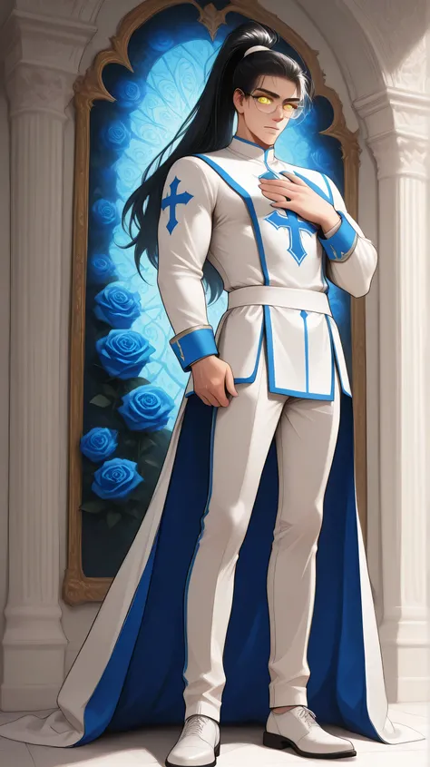 ((A standing picture of a man)),((Clothes are based on white and blue)), A toned body like an athlete , tall , A lovely man in a white and blue priest costume, Full body shot taken from the front, Glowing blue rose barrette, wonderful men with stunning bea...