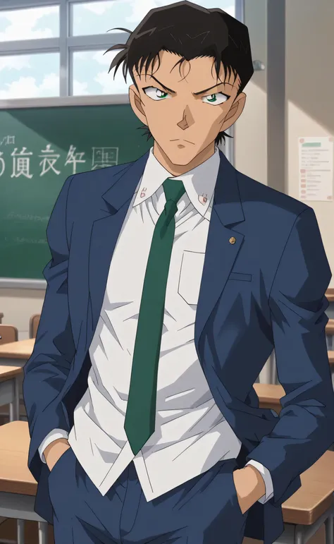 1male,solo,Akai Shuichi,black hair,short hair,slicked back,curly hair,bang,green eyes,blue suit,white shirt,green necktie,blue pants,tan body,Serious face,tall,portrait,classroom,hand in pocket,Detective Conan,