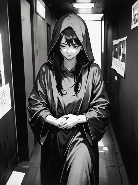 girl, wide shot, walking, wearing hooded long robe, both hands on stomach, holding own hand, long hair, looking away, in front of sewer entrance, old picture, aged paper effect, vintage picture, film grain, vintage polaroid, (monochromatic, black and white...