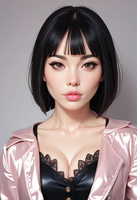 realistic, perfect face, black hair, (hime cut hair), black eyebrows, thin eyebrows, brown eyes, black eyeliners, nose, normal lips, pink lips, beautiful face, collarbone, cleavage, medium breasts, black jacket, ((look at viewer))