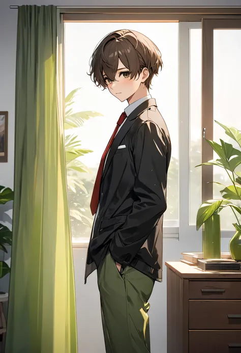 (Masterpiece, better quality, high resolution, UHD, perfect pixels, depth of field, 4k, RTX, hdr))), A boy , alone, half body, art style, anime character breasts, ((serene look, short hair on the sides, dark brown, separated from the hair to the side)), ...