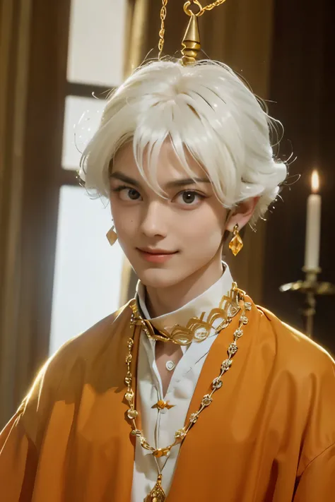 golden eyes、What is a blonde perm８age((Perm hair with round bangs))Prince Eminbi is Impish Smile((very big golden hanging eyes))a beautiful boy with a very thin jaw who is slender８age（a boy with beautiful, smooth, silky skin１People are princes８age）Accurate...