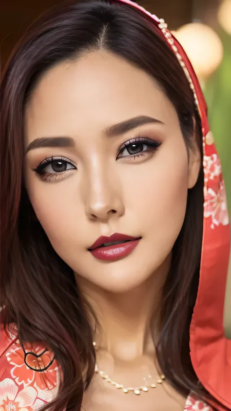Realistic, Highest quality, 8k, woman, 40-year-old, Sakura pattern kimono, Large Bust, Long Hair, Ultra-detailed skin textures, Soft Lighting, Fairy, Bokeh, Coral Lipstick, Sensual Lipstick, Sensational Make up