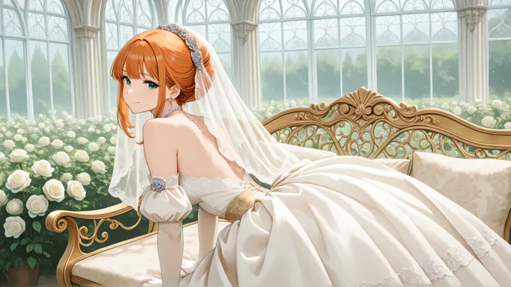 Masterpiece, Best Quality, Top Quality, Very Detailed, 1 girl, A Victorian-era anime bride in an extravagantly detailed gown sits primly on a wrought-iron garden bench, surrounded by carefully cultivated white roses. Her voluminous orange hair is arranged ...