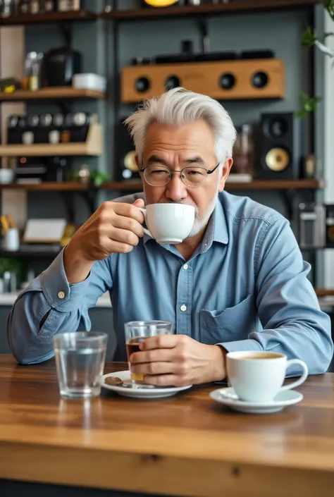 A white-haired middle-aged man in a light blue shirt is drinking coffee , No beard、The background is audio equipment、speaker、There is nothing on the wood-grained table、creates a warm and cozy space。jazz music playing in the store、The interior is arranged i...