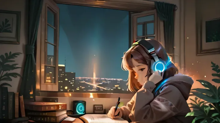 "A cozy bedroom at night, warm ambient lighting, a girl studying at her desk with headphones on, open window with city lights outside, retro computer screen glowing softly, books and plants around, soft shadows, anime-style, calm and nostalgic atmosphere, ...