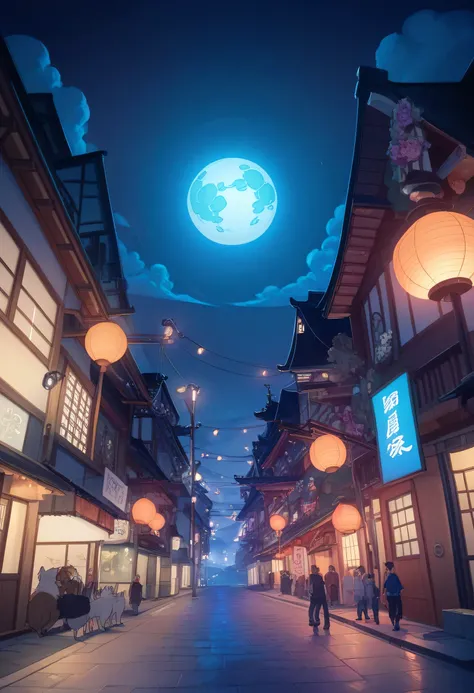 moonlit landscape, Traditional Japanese Streets, Empty Alley, wooden building, Five-Storied Pagoda Silhouettes, at night, Bright full moon , illuminated clouds, quiet atmosphere, high contrast lighting, Cool colors , Deep Blue Sky, Warm street lights, sof...