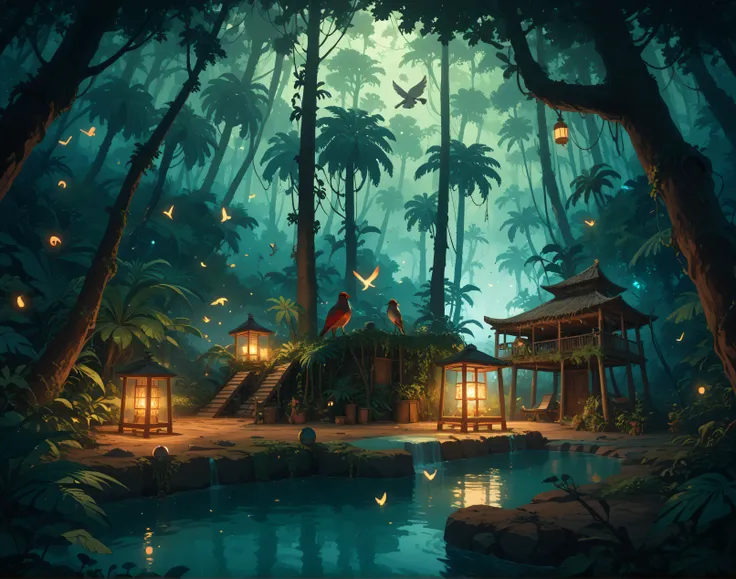 In a deep jungle at night, overgrown trees merge with old, massive reggae sound system speakers. Thick, mystical smoke drifts through the air. Birds and animals appear to be vibing to the music, glowing faintly under moody, red-yellow-green lights. A solit...