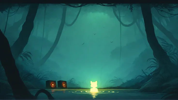 In a deep jungle at night, overgrown trees merge with old, massive reggae sound system speakers. Thick, mystical smoke drifts through the air. Birds and animals appear to be vibing to the music, glowing faintly under moody, red-yellow-green lights. A solit...