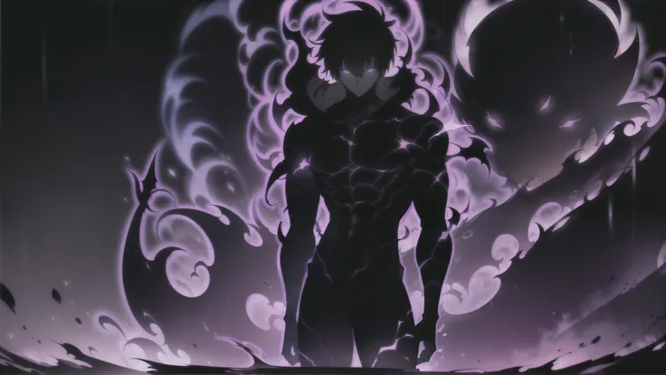 Super-detailed 8K masterpiece full-body portrait of a lone male assassin character inspired by Kaneki Ken in Tokyo Ghoul, laugh confidently, cruel, in the art style of Solo Leveling. short black hair, glowing purple eyes, pale skin , cinematic light, Str...