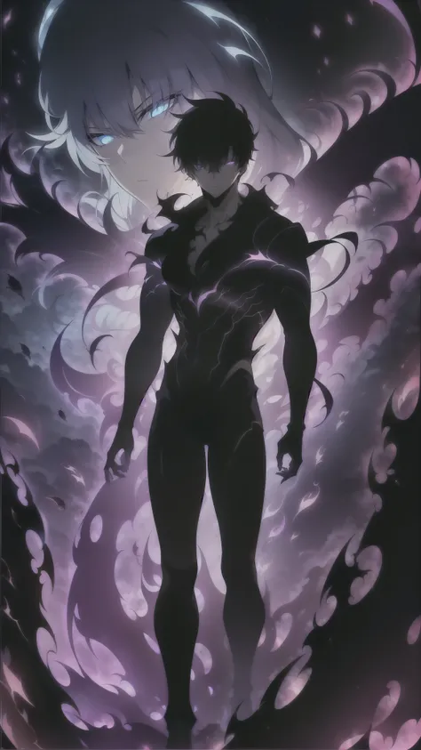Super-detailed 8K masterpiece full-body portrait of a lone male assassin character inspired by Kaneki Ken in Tokyo Ghoul, laugh confidently, cruel, in the art style of Solo Leveling. short black hair, glowing purple eyes, pale skin , cinematic light, Stron...