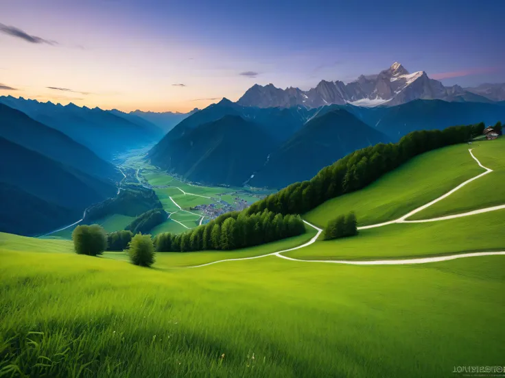 Twilight Valley。Steep Mountain。European pastures。The Alps。Nature Paintings 。