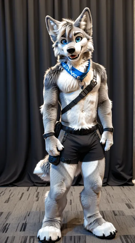 full body, fursuit, male, grey, grey limbs wolf, blue eyes, lanyard around neck, black fanny pack, furry convention background