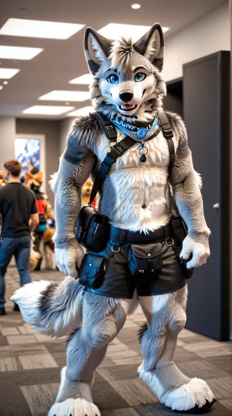 full body, fursuit, male, grey, grey limbs wolf, blue eyes, lanyard around neck, black fanny pack, furry convention background