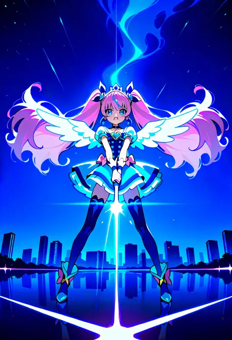 masterpiece, detailed background,A team of magical girls in dazzling, colorful Precure-inspired costumes battling in a futuristic night city, glowing skyscrapers in the background, neon lights reflecting on wet streets, magical energy swirling around them,...