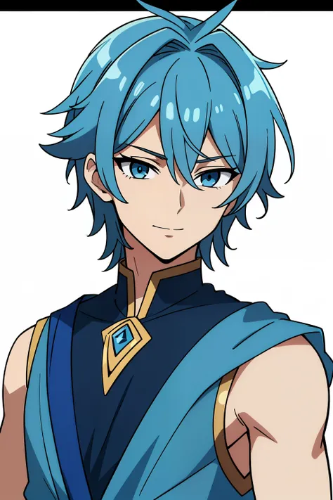 (high-quality, breathtaking),(expressive eyes, perfect face) 1boy, boy, solo, adult, light blue hair, blue coloured eyes, stylised hair, gentle smile, medium length hair, loose hair, side bangs, curley hair, really spiky hair, looking at viewer, portrait, ...