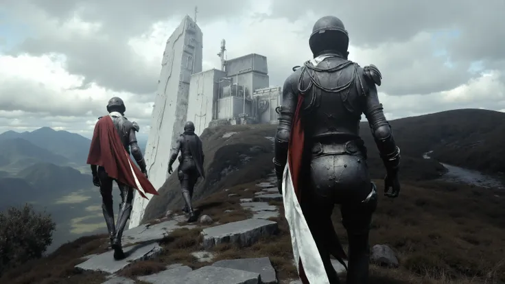 Walking alone on a cliffside path,Loneliness,figures wearing black costumes with pipes and wires, wears a white cloak ,The inside of the cape is red,on the side of the cliff, and you can see mountains and rivers in the distance,is a towering white cliff on...