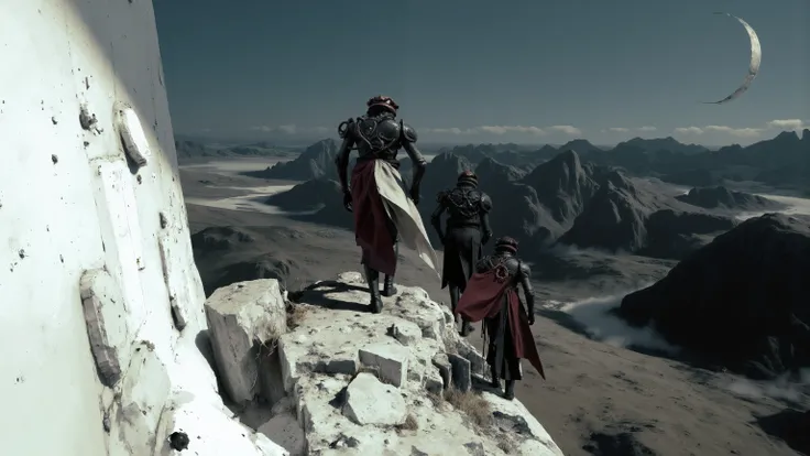 Walking alone on a cliffside path,Loneliness,figures wearing black costumes with pipes and wires, wears a white cloak ,The inside of the cape is red,on the side of the cliff, and you can see mountains and rivers in the distance,is a towering white cliff on...