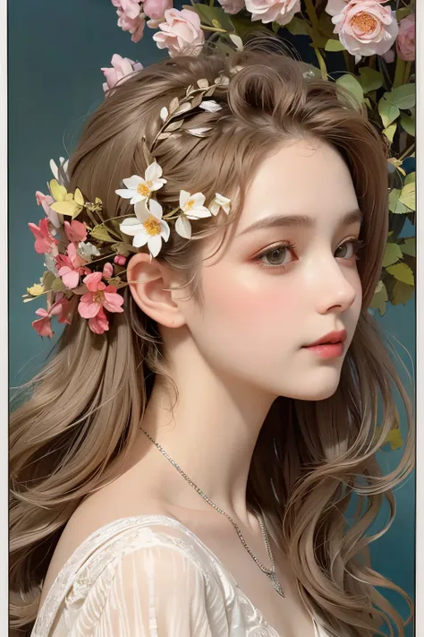 (Oil painting of a beautiful woman), rough touch, focus on face, striking portrait, (calm, kind, bright small smile), cute as a girl, ((silver-gray blonde almost straight medium-long hair)), (close-up), shiny skin, glossy lips, (urban shirt in spring color...