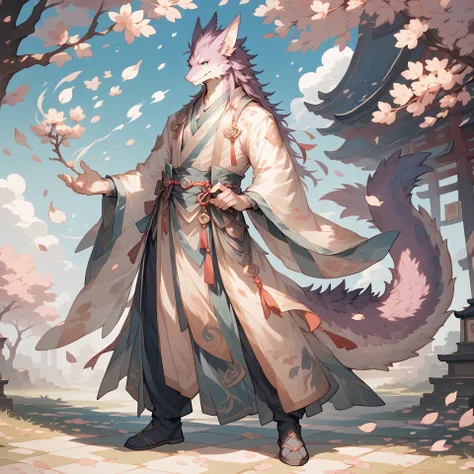 PDXL,
full body,alone, male,(tall:1.1),blue eyes,Cherry blossoms,petal,
Role_design,Concept map,alone,there's nothing there,standing,Digital Media (artworks),magic,plant magic,han fu,Pants,wide dragon tail, white scales,Tail hair ,fluffy tail,Purple fur,au...