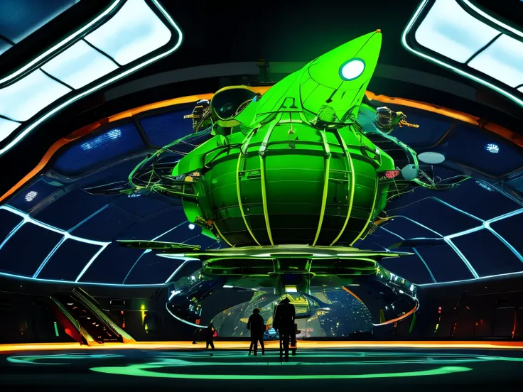 outer space scene with huge space ship with red wing, many glass windows, many colorful aliens in them. glowing yellow green liquid is flowing from the mouth of the spaceship. photo realistic style, futuristic detail.