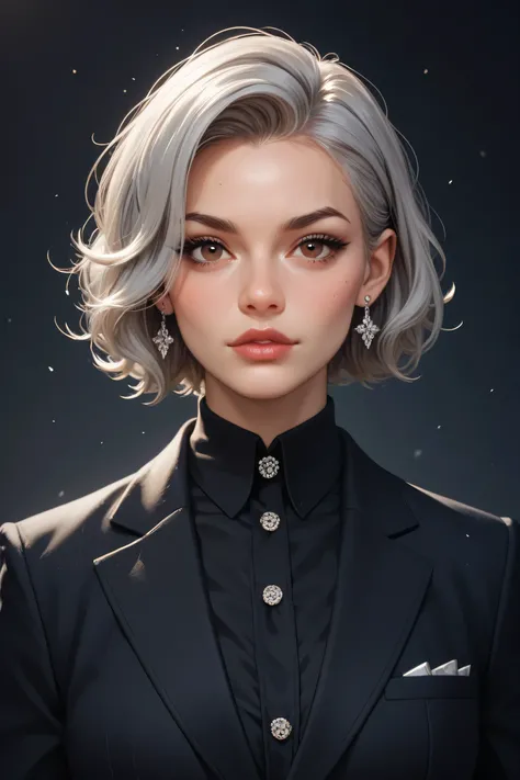 Semi-realistic image of a girl.20 years old with grey hair and dark brown eyes.Has a firm and cold facial structure.Having strong Indonesian and Dutch genes and combining them with each other.Has a strong mafia vibe.Wearing a black suit and black shirt.Hav...