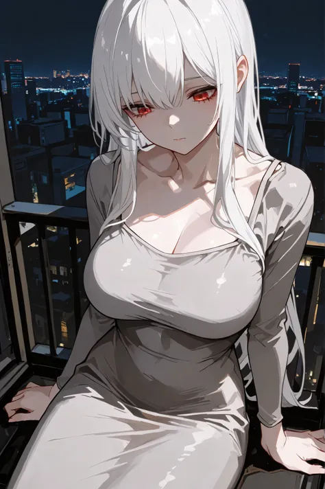 1girl, solo, white hair, long hair, red eyes, dongtan dress, grey dress, large breasts, front shots, sitting, city, night