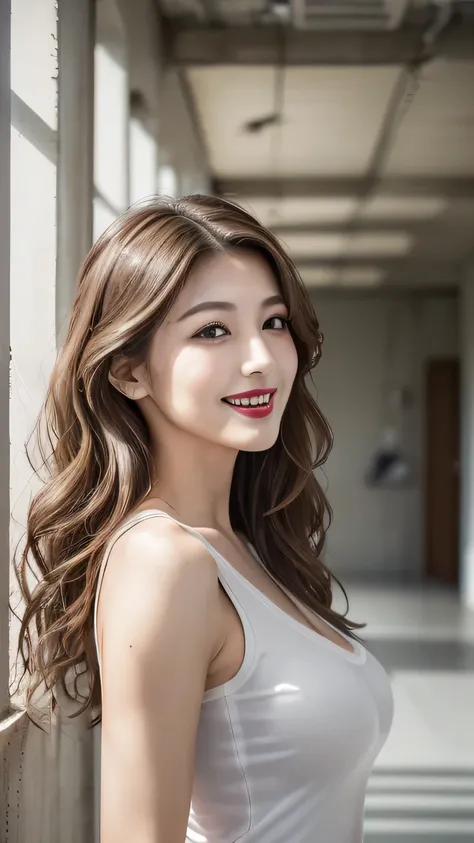 very detailed, masterpiece , best quality , (( Photorealistic:1.4)), ((skinny body:1.4))、(((white long tank top、Sleeveless、))、((Saggy Breasts))、25 Year Old Japanese Sexy Woman ((makeup、lipstick、sensual big mouth:1.ensual big nose))、detailed face、(((ligh...