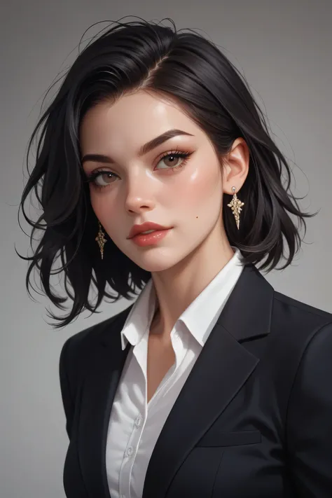 Semi-realistic image of a girl.20 years old with black hair and dark brown eyes.Has a firm and cold facial structure.Having strong Indonesian and Dutch genes and combining them with each other.Has a strong mafia vibe.Wearing a black suit and black shirt.Ha...