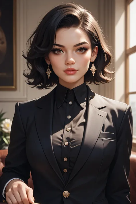 Semi-realistic image of a girl.20 years old with black hair and dark brown eyes.Has a firm and cold facial structure.Having strong Indonesian and Dutch genes and combining them with each other.Has a strong mafia vibe.Wearing a black suit and black shirt.Ha...