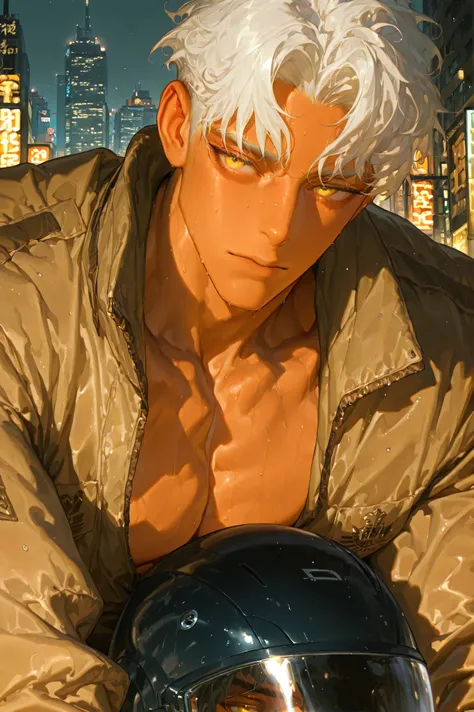 8k, beautiful masterpiece, 25 year old male, handsome, Lying, 1 man, male-centered, focus, handsome man, Thick painted, Perfect Eyes, Perfect Eyes shape,high detail, muscular, near, heavy body, big hand, alone, short hair, white hair, curly hair, Wearing a...