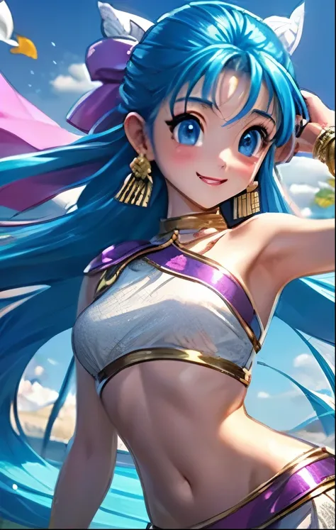 (((SFW、Highest quality、 first class masterpiece 、 Normal Body 、32k、 detailed face 、super precise、 normal hand、5refer to、Highest))) flora、"Dorakue characters"、beautiful girl、Blue and silver hair、Glowing Hair、beautiful breasts、Slender、 slim、Petite、 can be ...