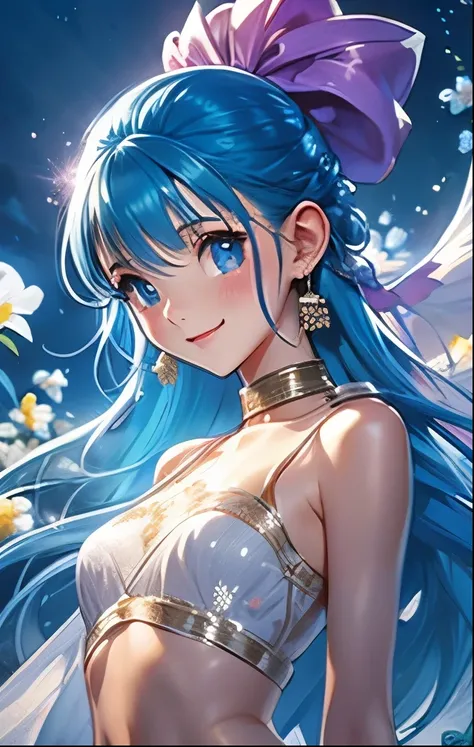 (((SFW、Highest quality、 first class masterpiece 、 Normal Body 、32k、 detailed face 、super precise、 normal hand、5refer to、Highest))) flora、"Dorakue characters"、beautiful girl、Blue and silver hair、Glowing Hair、beautiful breasts、Slender、 slim、Petite、 can be ...