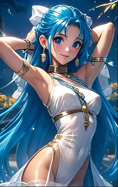 (((SFW、Highest quality、 first class masterpiece 、 Normal Body 、32k、 detailed face 、super precise、 normal hand、5refer to、Highest))) flora、"Dorakue characters"、beautiful girl、Blue and silver hair、Glowing Hair、beautiful breasts、Slender、 slim、Petite、 can be ...