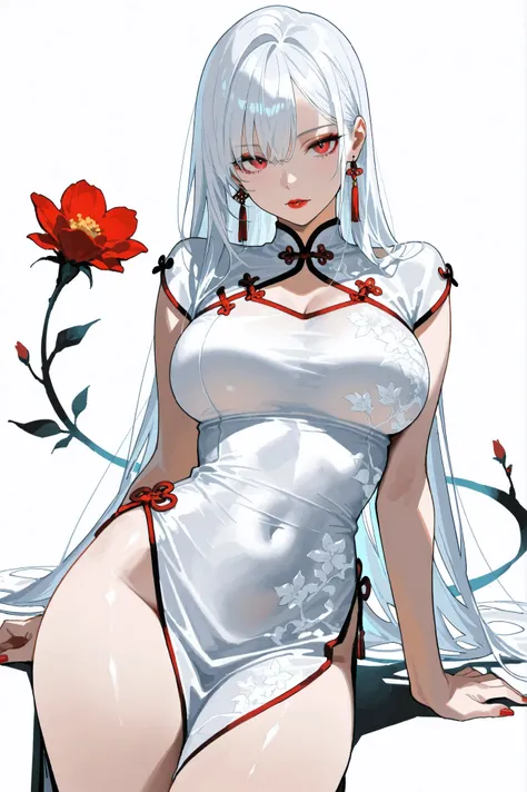 (masterpiece, best quality, ultra-detailed, 4K, high resolution), long white hair, large breasts, slender body, 20 years old, beautiful and alluring girl, wearing a pink Chinese dress, red lipstick, red nails, seductive and elegant, white background with r...