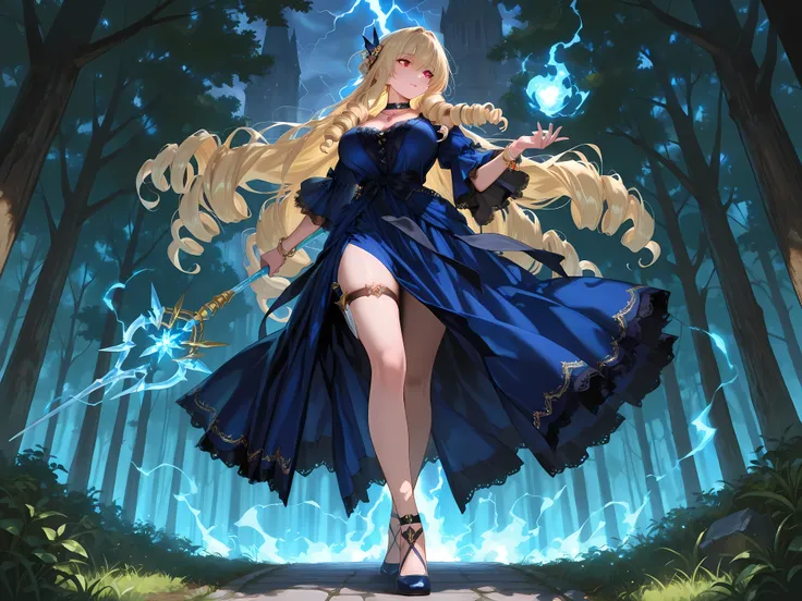 , low-angle shot, full body, looking side, A mage casting a spell with glowing blue flames swirling around, action pose, raise left hand with crackling lightning, (adult cool woman:1.1),  Very long hair, drill hair, shining blonde hair, hair in wind, narro...