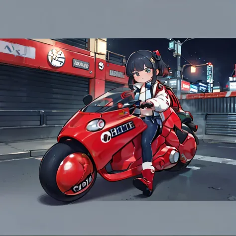 Official Art, Unity 8k 壁紙, very detailed with bubbles, Handsome and aesthetic , Sanso Munchkins、Obla Prima, best quality, realistic, Akira Bike Red, rides a scooter, night, cyberpunk cityscape, epic fabric , uniform, pilotado por kaneda do anime akira ...