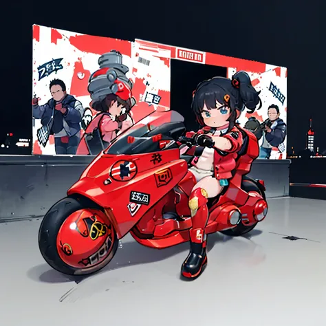 Official Art, Unity 8k 壁紙, very detailed with bubbles, Handsome and aesthetic , Sanso Munchkins、Obla Prima, best quality, realistic, Akira Bike Red, rides a scooter, night, cyberpunk cityscapes, epic fabric , uniform, pilotado por kaneda do anime akira ...