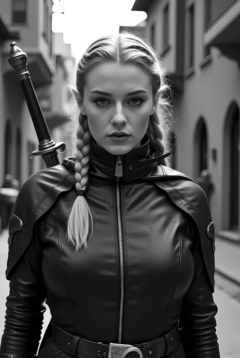 a black and white 1940s snapshot picture of a female elf, fantasy swashbuckler, fantasy fencer, armed with a slim sword, metallic shine, colorful clothes, full body, epic beautiful female elf, blond hair, braided hair, small pointed ears, wearing cloak, l...