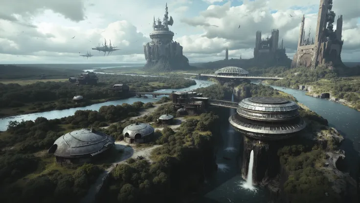 Futuristic architectural design, Coastal cliffside location, round buildings with lots of solar panels, Bridge over the sea, Lush landscape, Wind turbines in the distance, Cloudy atmosphere and spots of sunlight, High angle aerial view, Deep Depth of Field...