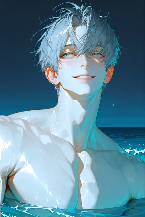 8k, beautiful masterpiece, 1 man, 23 year old male, handsome, refreshing, mature, straight hair, messy hair, short hair, gray hair, one person, male centered, handsome man, smiling, thick paint, aquamarine eyes, perfect eyes, semi-realistic art, semi-reali...