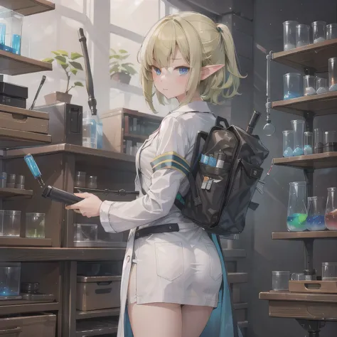 Depict a 20-year-old, stunningly beautiful woman conducting an experiment in a well-equipped science lab. She wears a pristine white lab coat over professional attire, her expression focused as she carefully handles scientific instruments. Whether her hair...