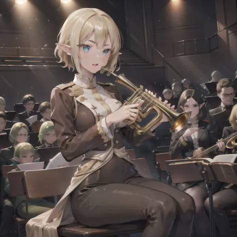 Depict a 20-year-old, dazzlingly beautiful woman playing a brass instrument in a grand concert hall. She wears an elegant yet practical band uniform, designed with intricate gold embroidery. Her posture is poised, fingers positioned with precision, her eye...